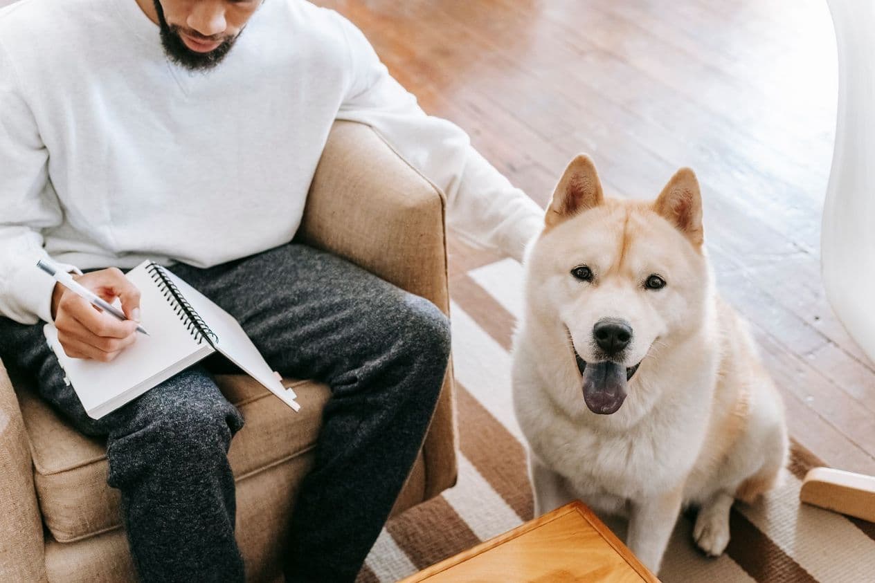 Homme assis dans un fauteuil qui prend des notes dans un carnet, à côté d'un chien assis
