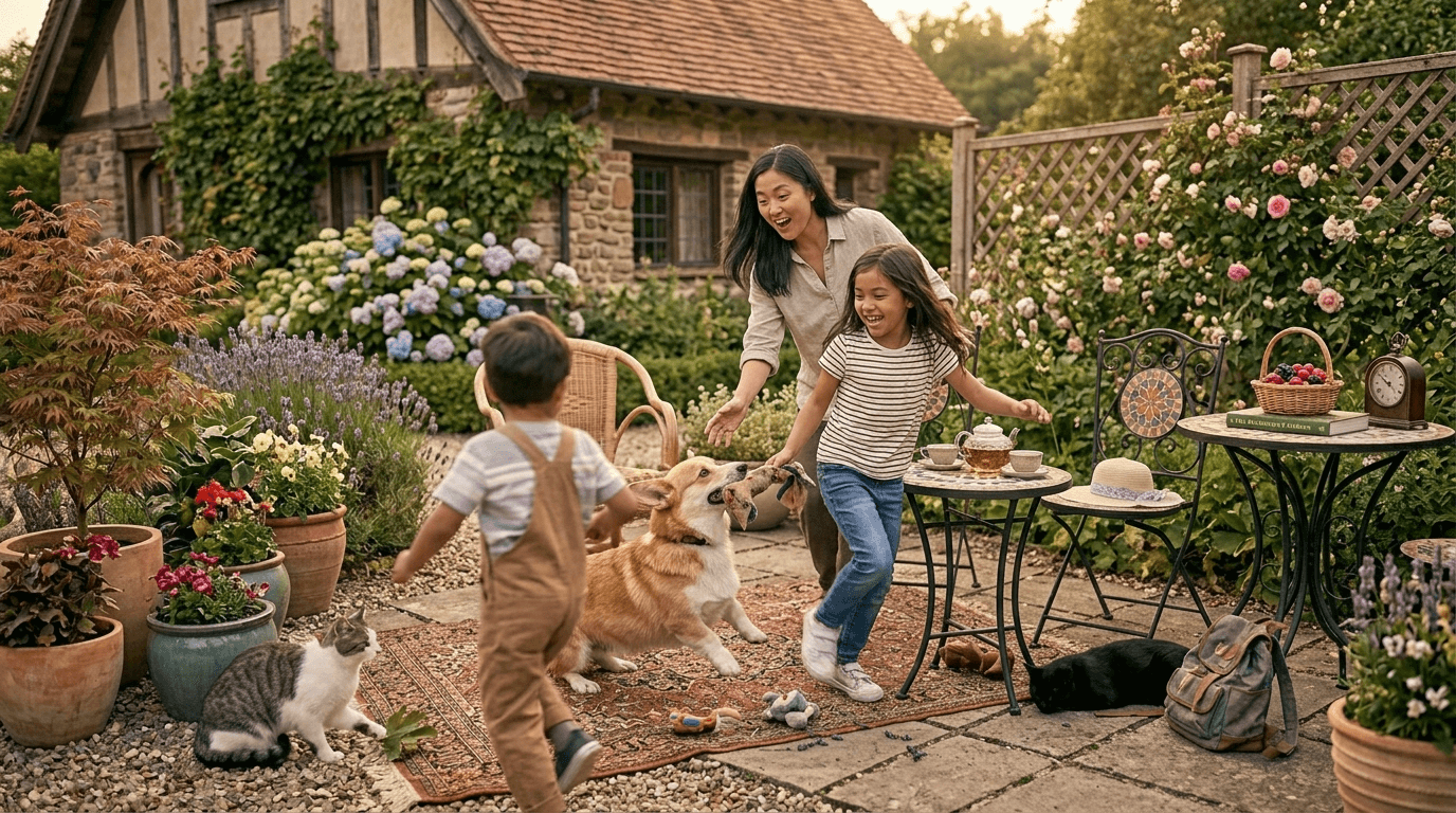Famille d'accueil en extérieur jouant avec des animaux en attente d'adoption